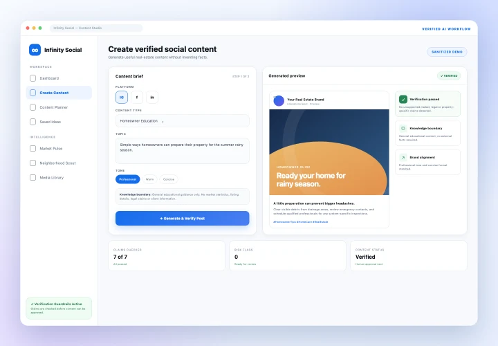 Infinity Social content generator showing synthetic content and anti-hallucination verification checks